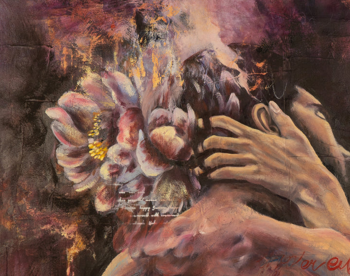 Detail shot of Tash Bardot's 'Lady in Love,' focusing on the lush, textured pink and violet blooms that frame the romantic composition.