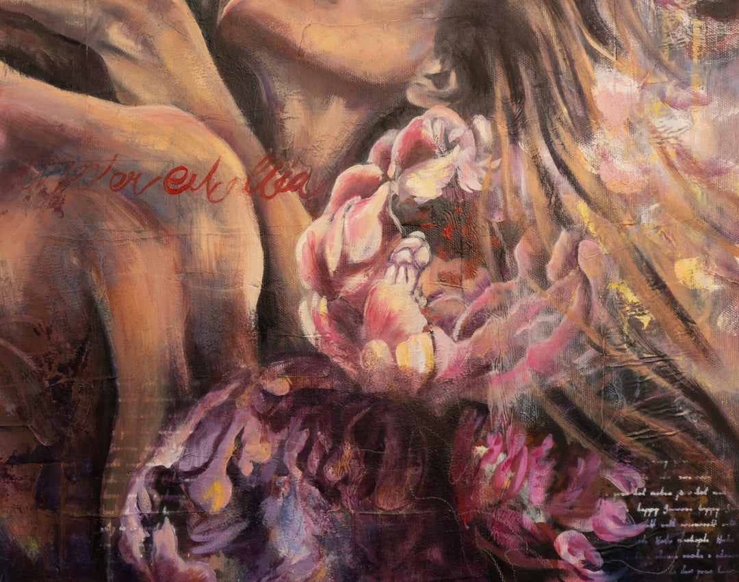 Detail shot of Tash Bardot's 'Lady in Love,' focusing on the lush, textured pink and violet blooms that frame the romantic composition.