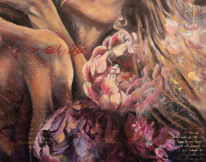 Detail shot of Tash Bardot's 'Lady in Love,' focusing on the lush, textured pink and violet blooms that frame the romantic composition.