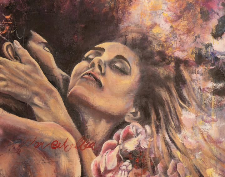 Close-up detail of 'Lady in Love' by Tash Bardot, highlighting the woman's sweeping, emotional expression and the couple's intense embrace.