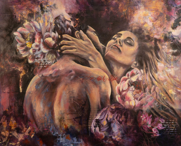 Tash Bardot's 'Lady in Love' painting. An emotionally charged portrait of a couple in a passionate embrace, surrounded by large, blooming pink and purple flowers against a dark, moody background.