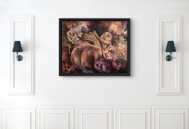 Elevate your living space with the moody romance of "Lady in Love." This passionate floral portrait brings sophisticated visual relief to any intimate room