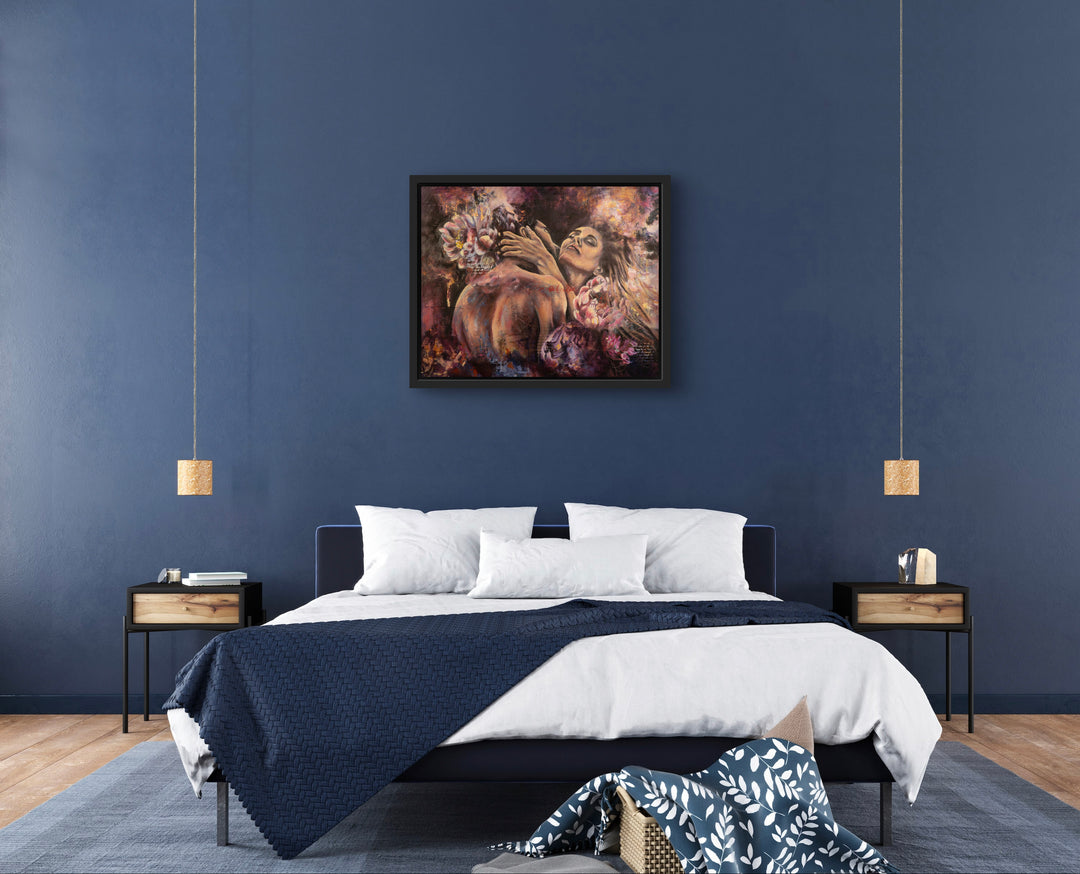 Elevate your living space with the moody romance of "Lady in Love." This passionate floral portrait brings sophisticated visual relief to any intimate room