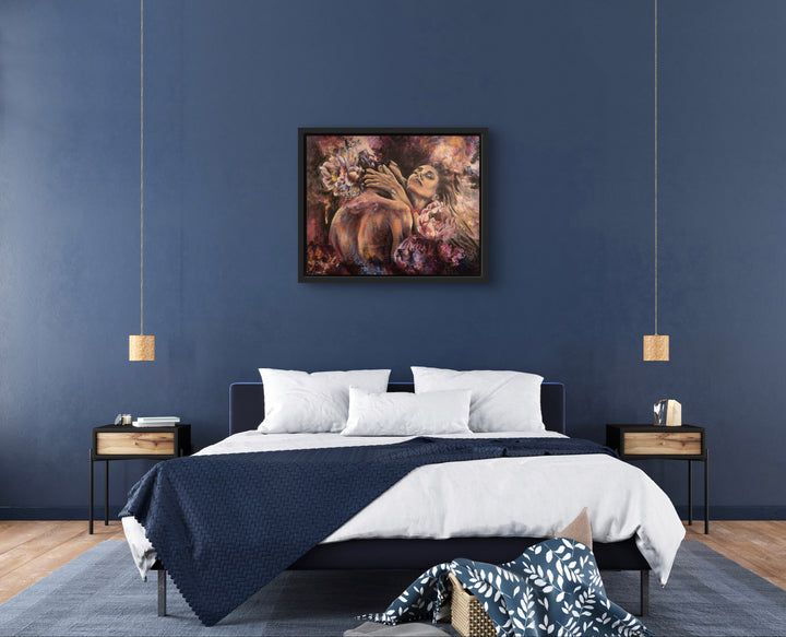 Elevate your living space with the moody romance of "Lady in Love." This passionate floral portrait brings sophisticated visual relief to any intimate room