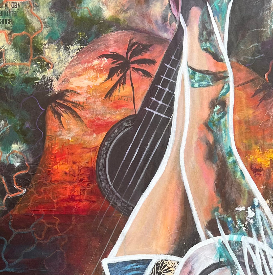 Detail shot of Tash Bardot's 'Melodies of Life,' focusing on the silhouetted acoustic guitar against a warm, textured orange and red sunset.