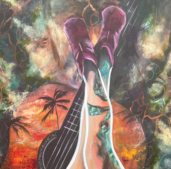 Close-up detail of 'Melodies of Life' by Tash Bardot, highlighting the carefree posture of the woman's legs in purple boots and fluid, energetic linework.