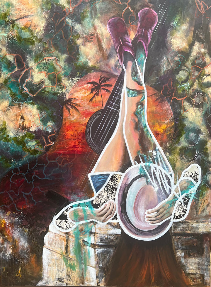 Tash Bardot's 'Melodies of Life' painting. A playful composition of a woman with her legs kicked up in boots, set against a vibrant background featuring a guitar and a tropical sunset.
