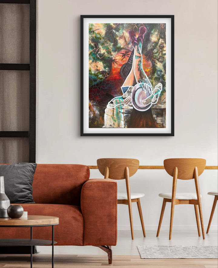 Vibrant, playful fine art print 'Melodies of Life' by Tash Bardot hung in a colourful, minimalistic  living area, serving as a joyful visual anchor.