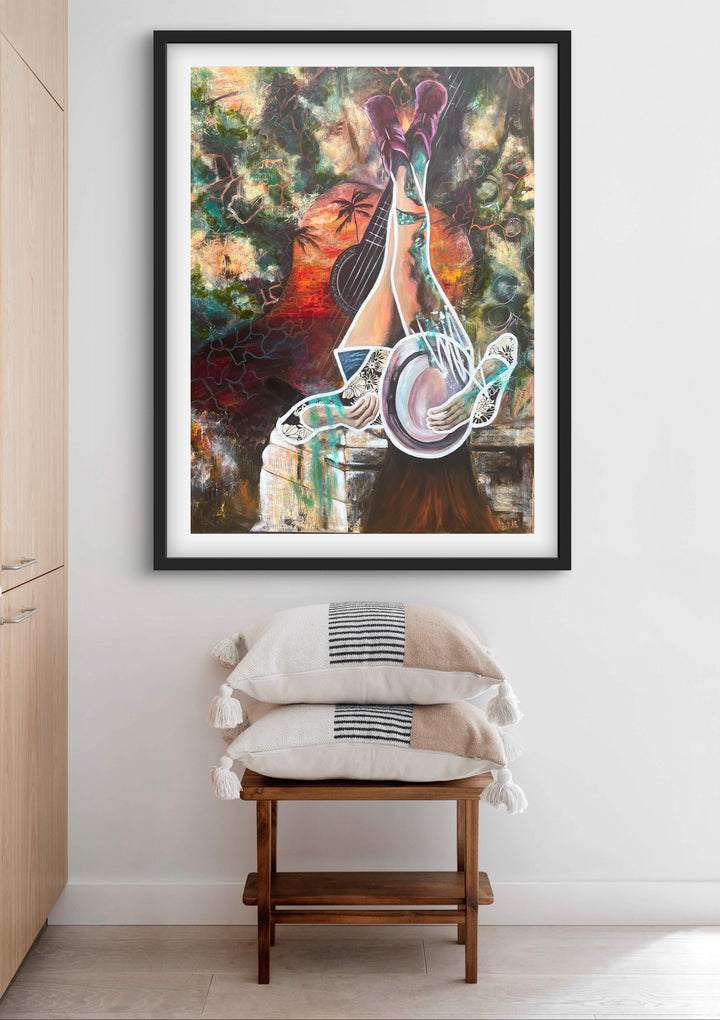 Vibrant, playful fine art print 'Melodies of Life' by Tash Bardot hung in a minimalistic  living area, serving as a joyful visual anchor.