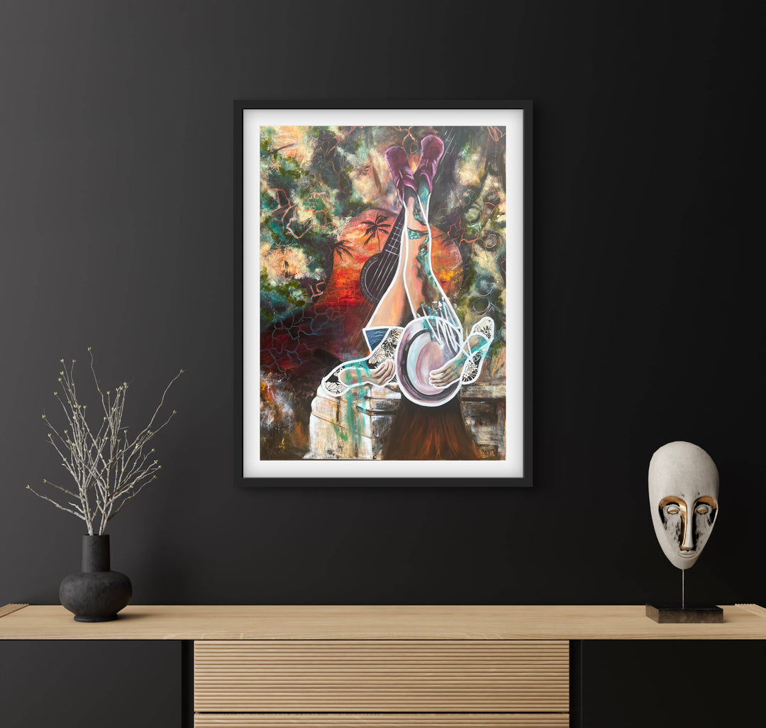 Vibrant, playful fine art print 'Melodies of Life' by Tash Bardot hung in a dark walled, minimalistic living area, serving as a joyful visual anchor.