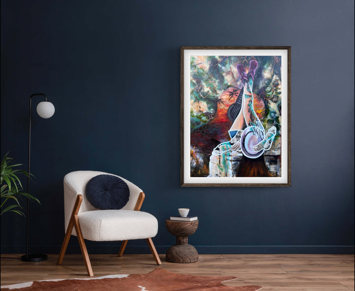 Vibrant, playful painting 'Melodies of Life' by Tash Bardot hung in a colourful, minimalistic living room, serving as a joyful visual anchor.