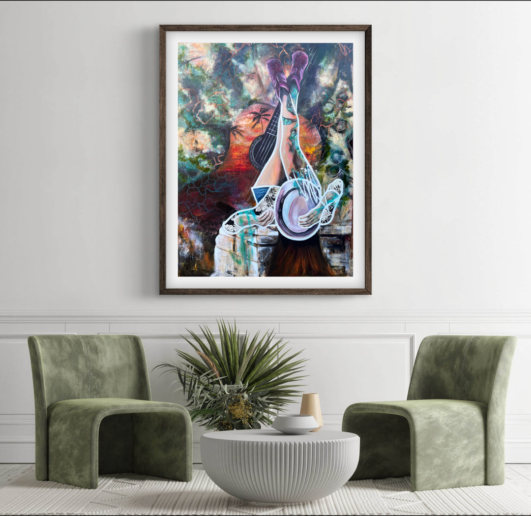 Vibrant, playful painting 'Melodies of Life' by Tash Bardot hung in a colourful, minimalistic  living area, serving as a joyful visual anchor.