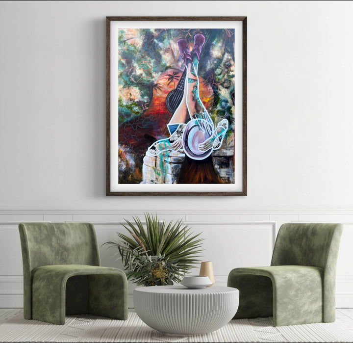 Vibrant, playful painting 'Melodies of Life' by Tash Bardot hung in a colourful, minimalistic  living area, serving as a joyful visual anchor.