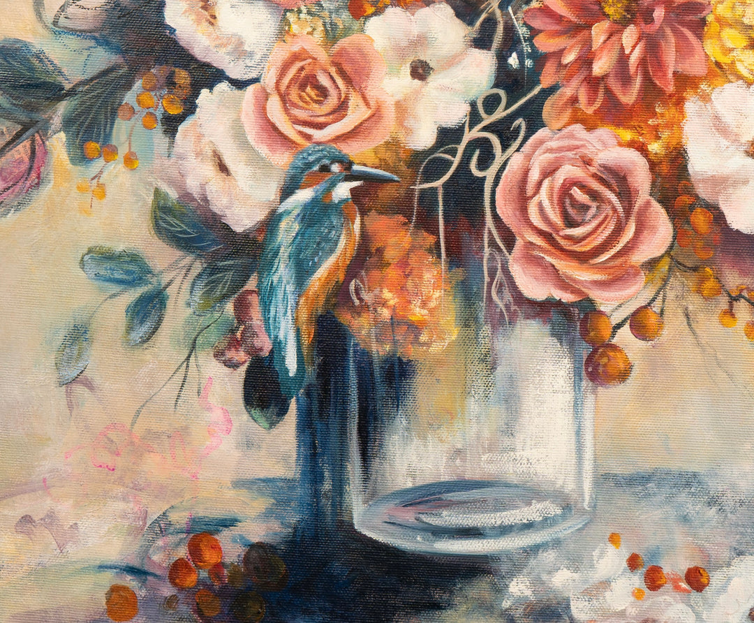 Close-up detail of 'Nature's Gossip' by Tash Bardot, highlighting expressive peach florals, sweeping dynamic lines, and a brightly coloured blue bird perched gracefully on the arrangement.