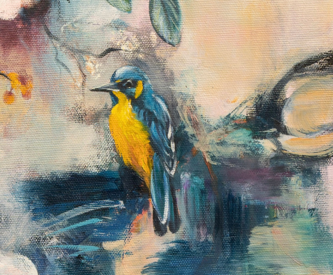 Close-up detail of 'Nature's Gossip' by Tash Bardot, highlighting expressive peach florals, sweeping dynamic lines, and a brightly coloured blue bird gracefully perched.