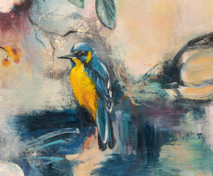 Close-up detail of 'Nature's Gossip' by Tash Bardot, highlighting expressive peach florals, sweeping dynamic lines, and a brightly coloured blue bird gracefully perched.