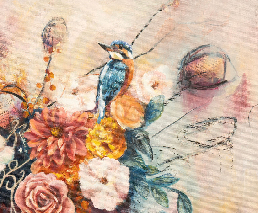 Close-up detail of 'Nature's Gossip' by Tash Bardot, highlighting expressive peach florals, sweeping dynamic lines, and a brightly coloured blue bird perched gracefully on the arrangement.