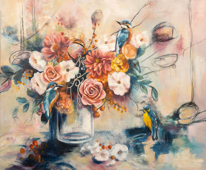 Tash Bardot's 'Nature's Gossip' painting. An expressive still life featuring three vibrant blue and yellow birds perched among a lush bouquet of peach and blush flowers in a glass vase, set against a soft, textured background.