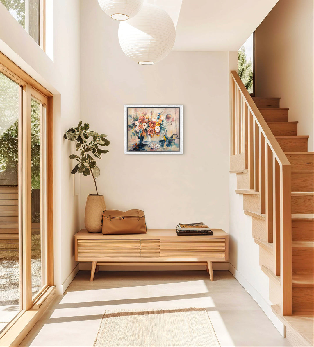 Expressive floral and bird wall art 'Nature's Gossip' by Tash Bardot displayed in a modern room interior. A joyful, dynamic painting offering visual relief and a warm, inviting sanctuary.
