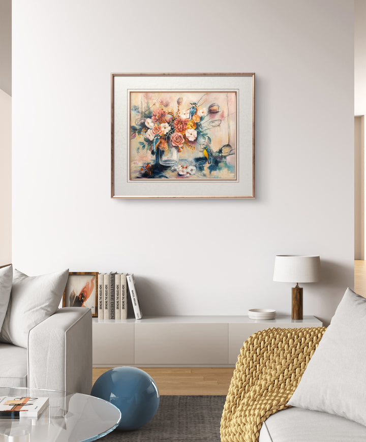 Expressive floral and bird wall art 'Nature's Gossip' by Tash Bardot displayed in a modern room interior. A joyful, dynamic painting offering visual relief and a warm, inviting sanctuary.