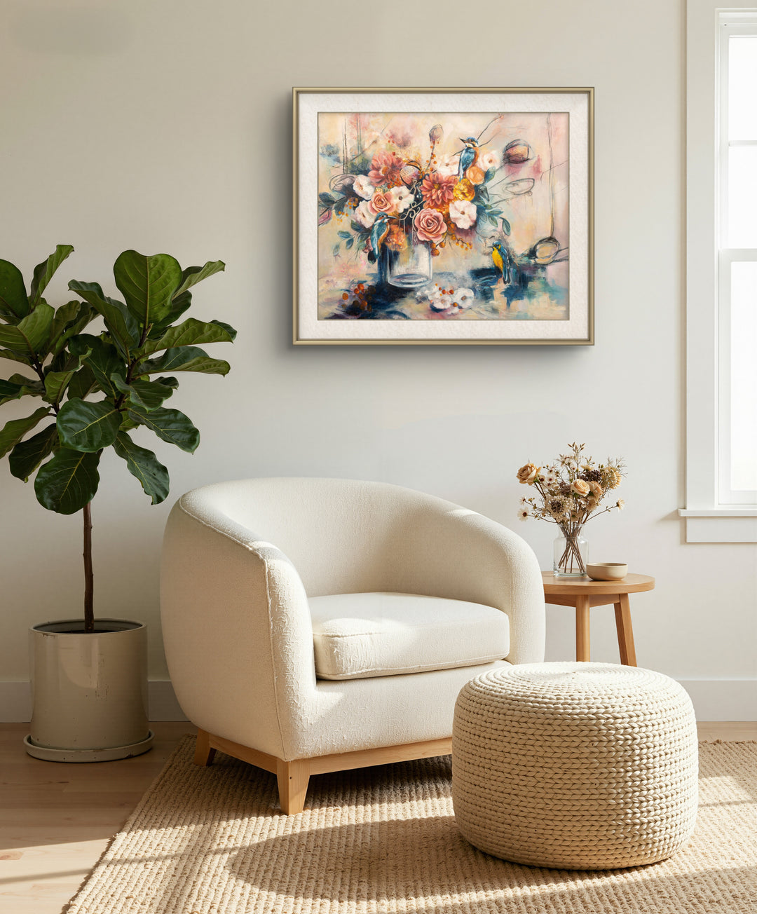 Expressive floral and bird wall art 'Nature's Gossip' by Tash Bardot displayed in a modern room interior. A joyful, dynamic painting offering visual relief and a warm, inviting sanctuary.