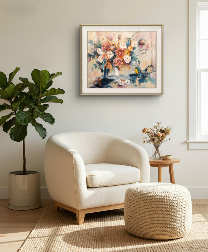 Expressive floral and bird wall art 'Nature's Gossip' by Tash Bardot displayed in a modern room interior. A joyful, dynamic painting offering visual relief and a warm, inviting sanctuary.