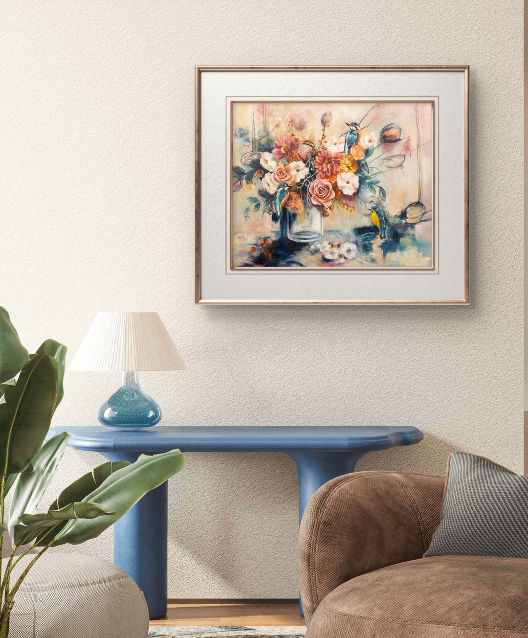 Expressive floral and bird wall art 'Nature's Gossip' by Tash Bardot displayed in a modern room interior. A joyful, dynamic painting offering visual relief and a warm, inviting sanctuary.