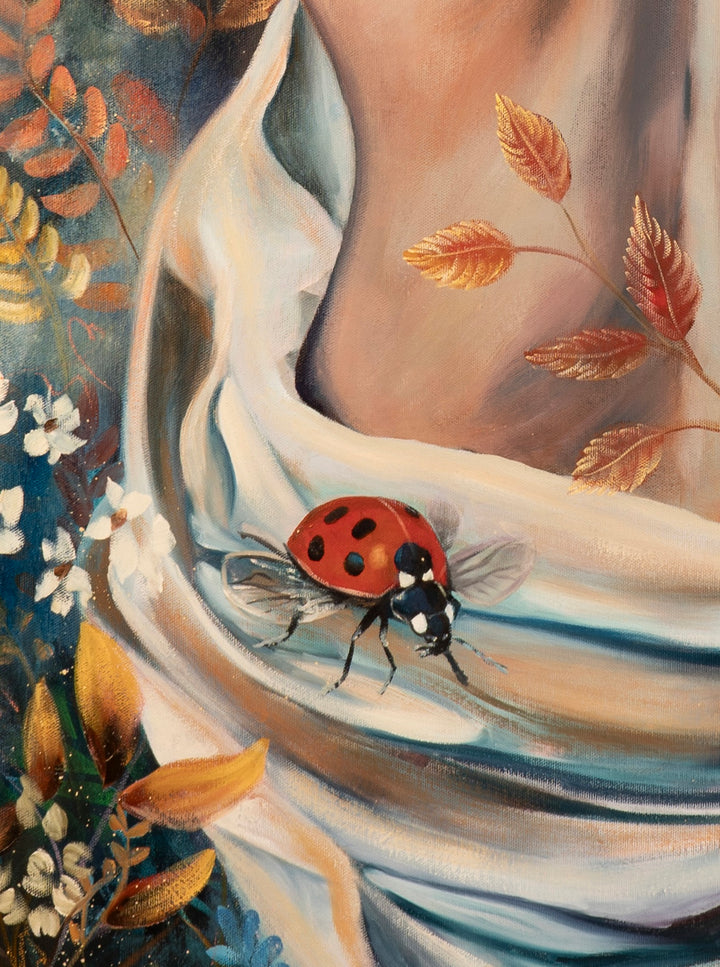 Close-up detail of 'Nurtured in Time' painting, featuring a highly detailed ladybug in mid-flight next to the softly rendered skin of a woman's bare back against a deep blue background.