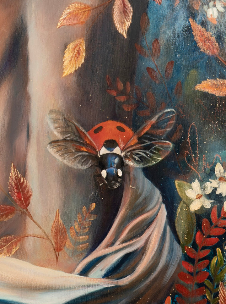 Close-up detail of 'Nurtured in Time' painting, featuring a highly detailed ladybug in mid-flight next to the softly rendered skin of a woman's bare back against a deep blue background.