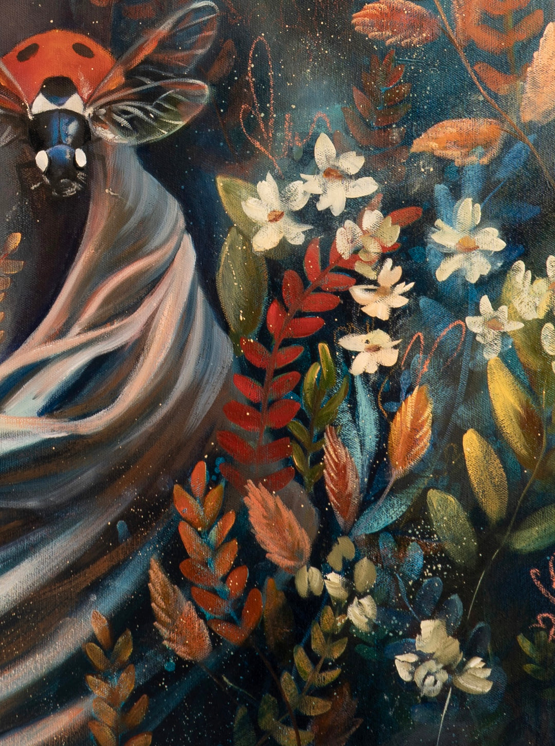 Close-up of the textured floral layers in 'Nurtured in Time', showcasing delicate white flowers, vibrant autumn leaves, and botanical details blending into an abstract, moody blue background.