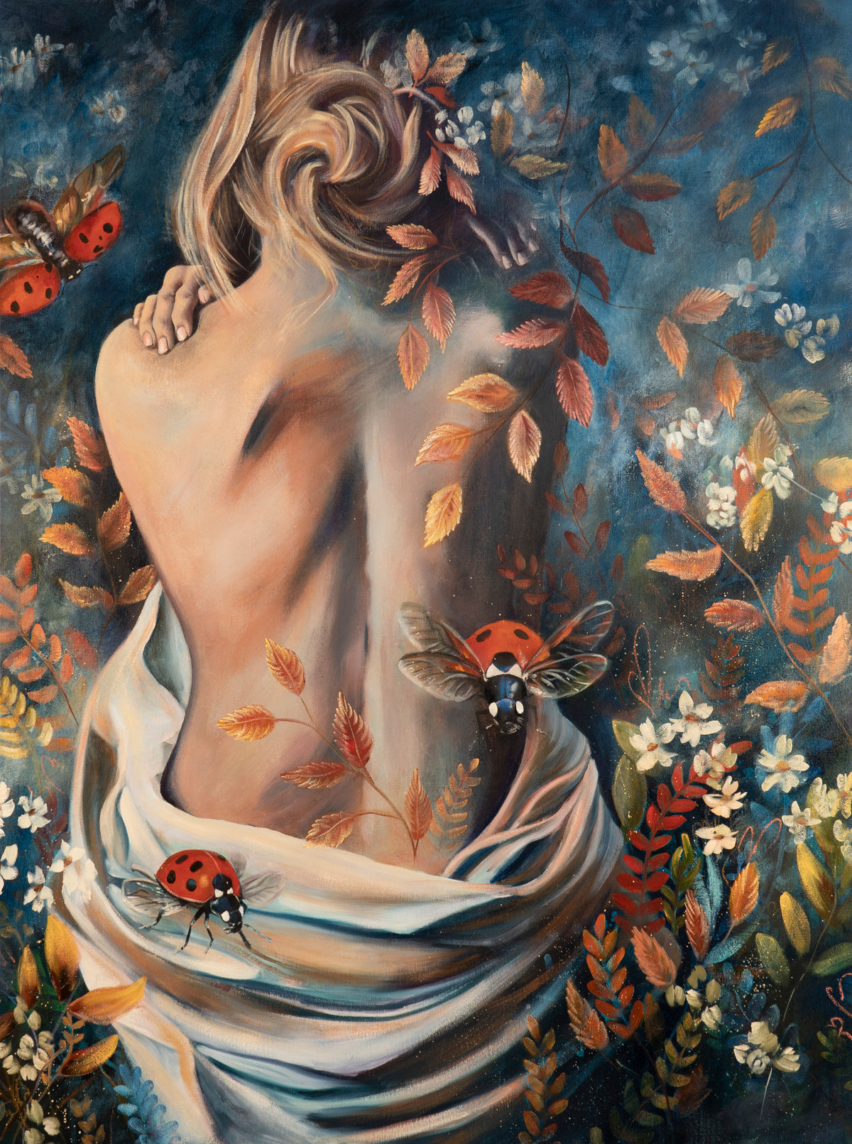 Nurtured in Time by Tash Bardot, a large abstract realism painting featuring a woman's back intertwined with autumn leaves, white fabric,