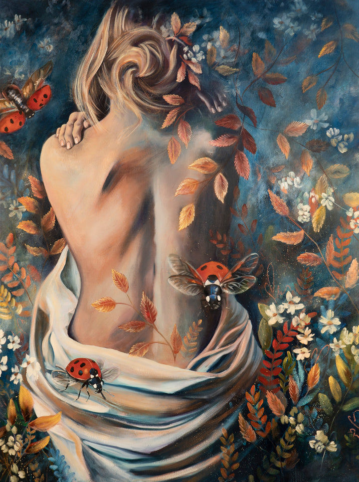 Nurtured in Time by Tash Bardot, a large abstract realism painting featuring a woman's back intertwined with autumn leaves, white fabric,