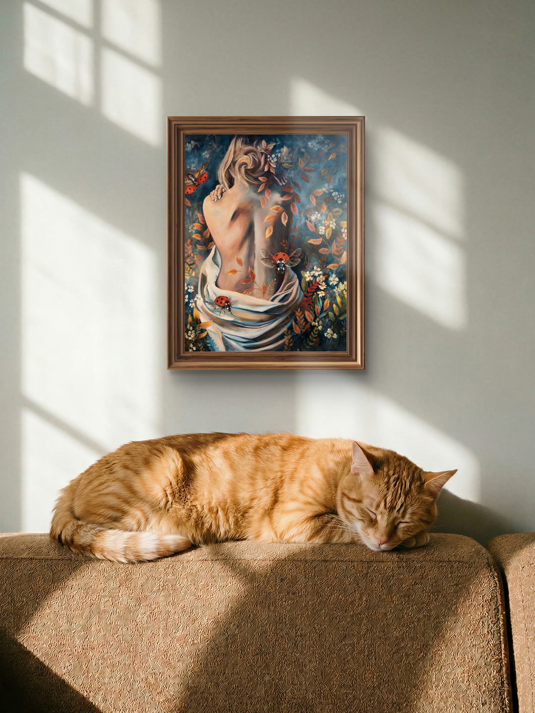 Nurtured in Time fine art canvas by Tash Bardot displayed on a wall in a modern living space, showcasing its vibrant blue and amber tones in a home setting.