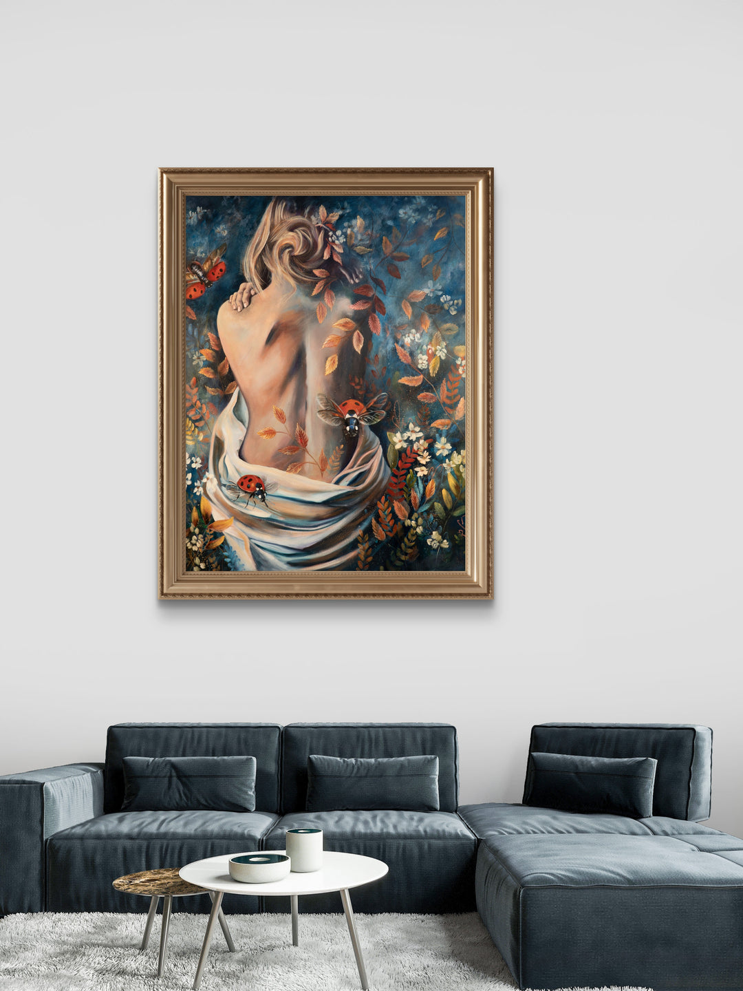 Nurtured in Time fine art canvas by Tash Bardot displayed on a wall in a modern living space, showcasing its vibrant blue and amber tones in a home setting.
