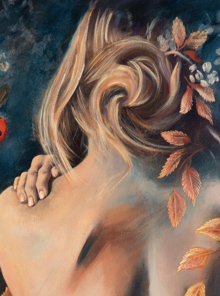 Close-up of 'Nurtured in Time' canvas art, focusing on the smooth brushwork of a woman's back and her loosely gathered blonde hair, gently intertwined with painted amber autumn leaves.