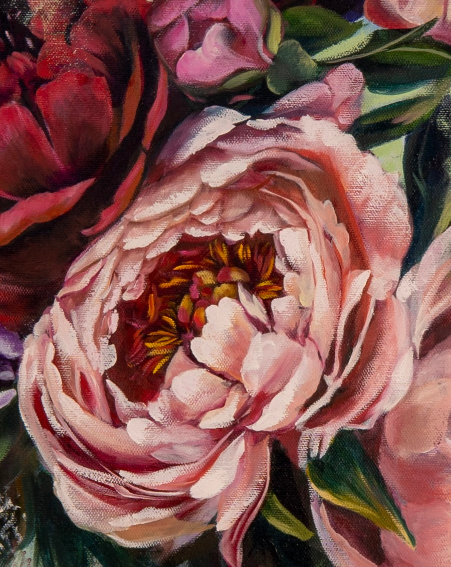 Close-up detail of Peonied Beauty painting showing the thick texture of pink petals and visible brushstrokes.