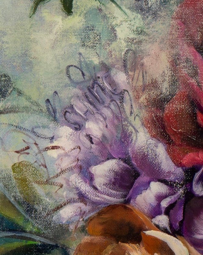 Close-up detail of Peonied Beauty painting showing the thick texture of purple petals, visible brushstrokes, and a discreet script of 'shine' hidden in the flowers. 