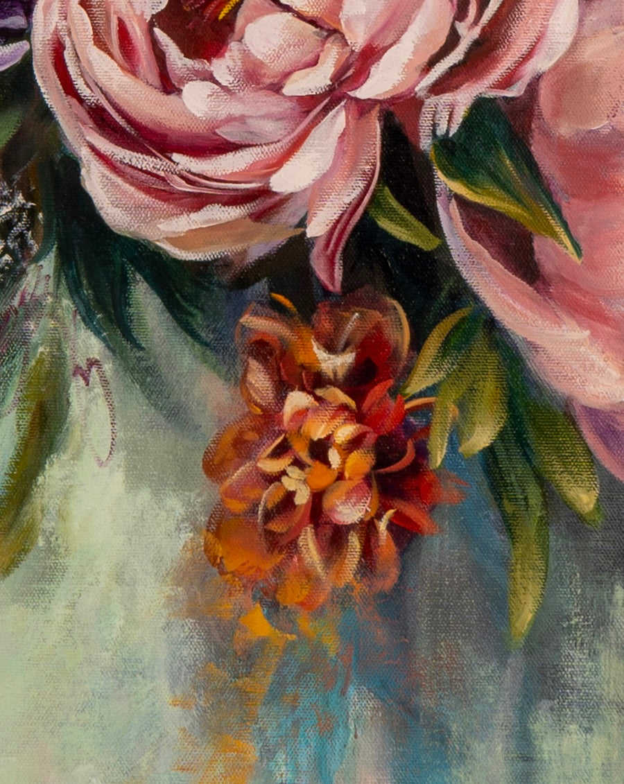 Close-up detail of Peonied Beauty painting showing the thick texture of pink petals and visible brushstrokes.