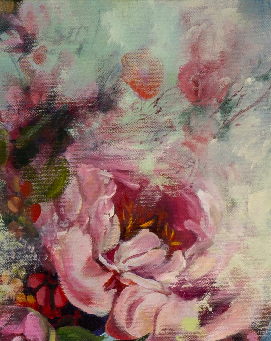 Close-up detail of Peonied Beauty painting showing the thick texture of pink petals and visible brushstrokes.