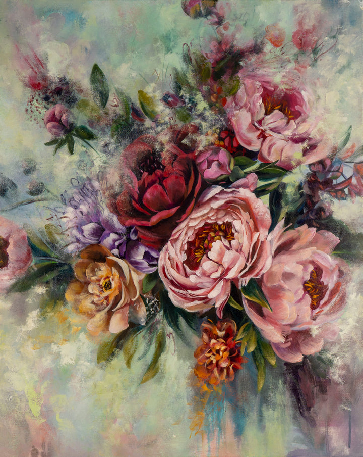 Original expressive floral oil painting titled Peonied Beauty featuring deep burgundy and soft pink peonies against a textured green and cream background.