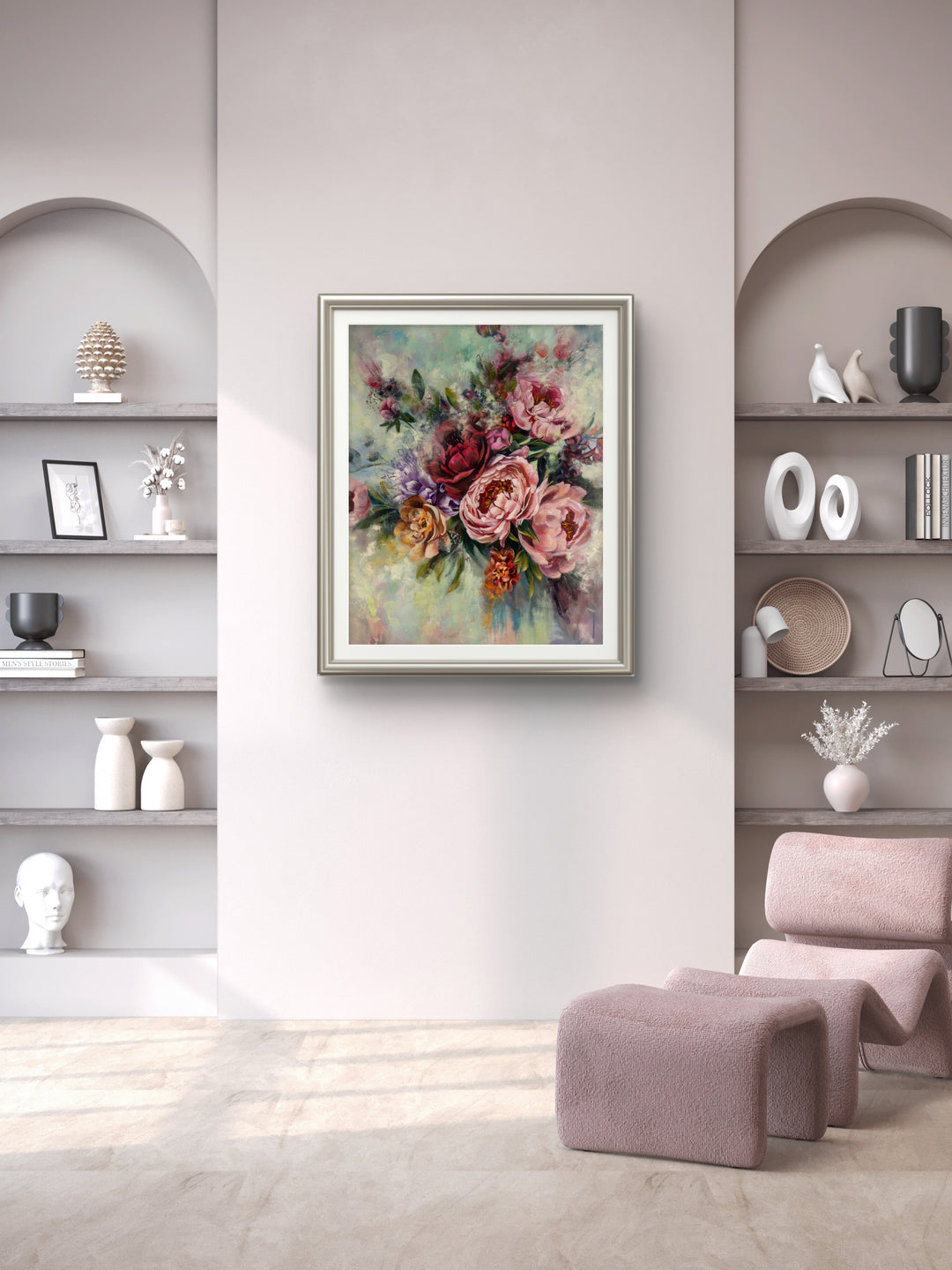 Original contemporary botanical painting Peonied Beauty styled in a minimalist, modern space. 