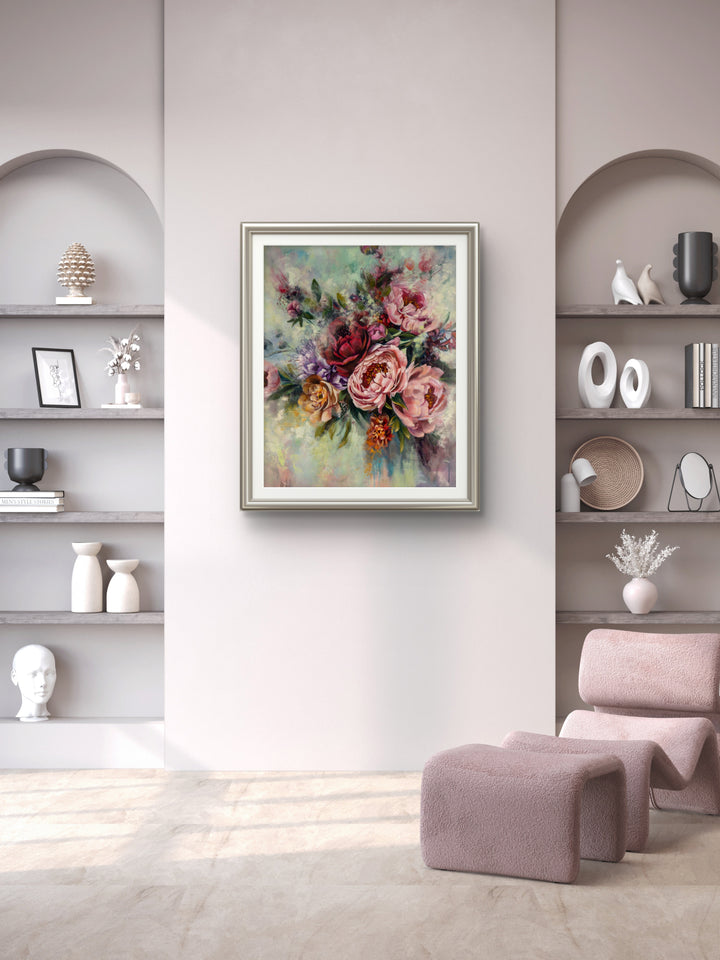Original contemporary botanical painting Peonied Beauty styled in a minimalist, modern space. 