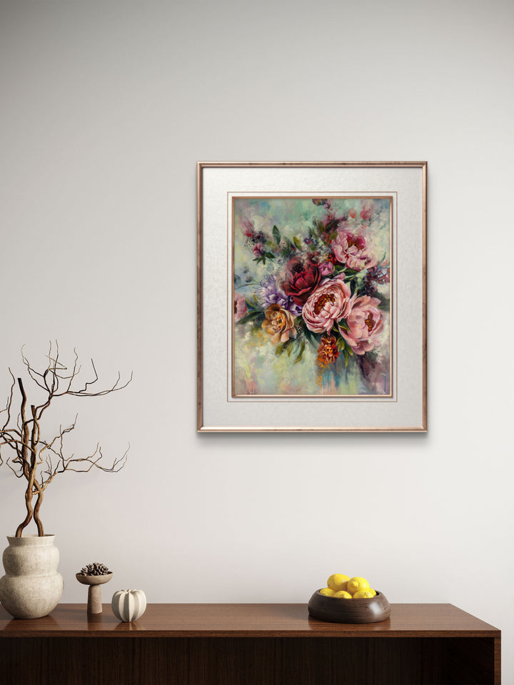 Original contemporary botanical painting Peonied Beauty styled in a minimalist, modern wall unit.