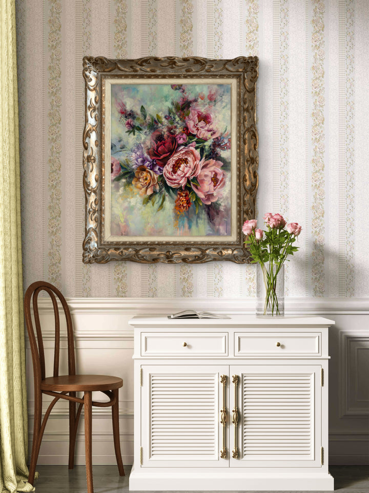 Original contemporary botanical painting Peonied Beauty styled in a beautiful traditional space with lush, soft and textured wallpaper and classic sideboard.