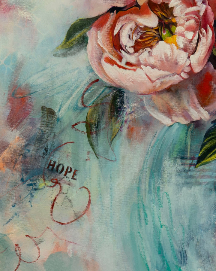 Close-up of an expressive botanical painting showing textured pink peony petals, contemporary mark-making, stenciled dots, and raw canvas details.