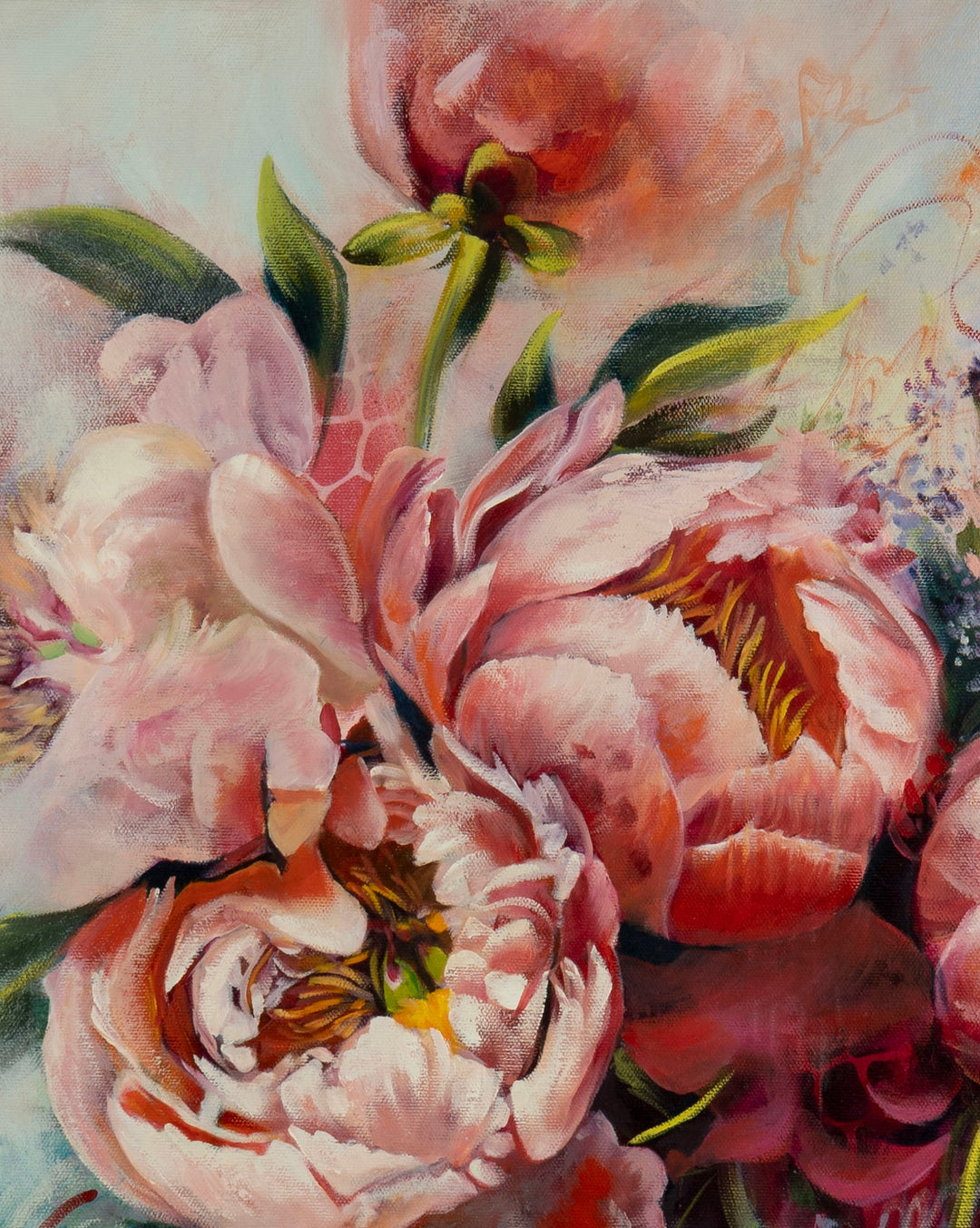 Close-up of an expressive botanical painting showing textured pink peony petals, contemporary mark-making, stenciled dots, and raw canvas details.