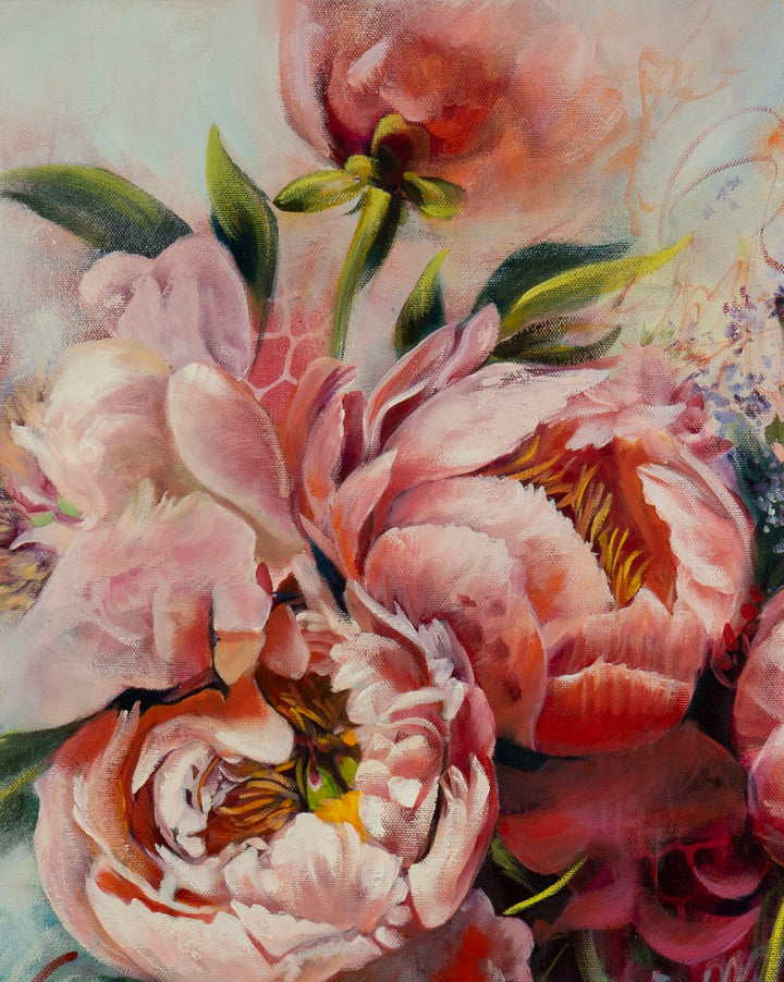 Close-up of an expressive botanical painting showing textured pink peony petals, contemporary mark-making, stenciled dots, and raw canvas details.