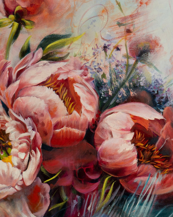 Close-up of an expressive botanical painting showing textured pink peony petals, contemporary mark-making, stenciled dots, and raw canvas details.