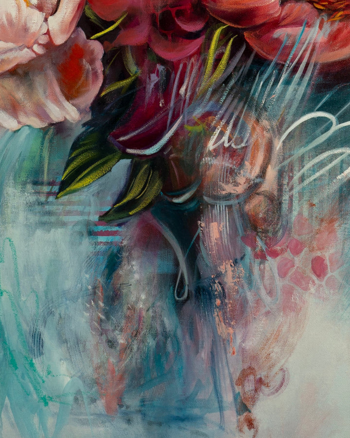 Close-up of an expressive botanical painting showing textured pink peony petals, contemporary mark-making, stenciled dots, and raw canvas details.