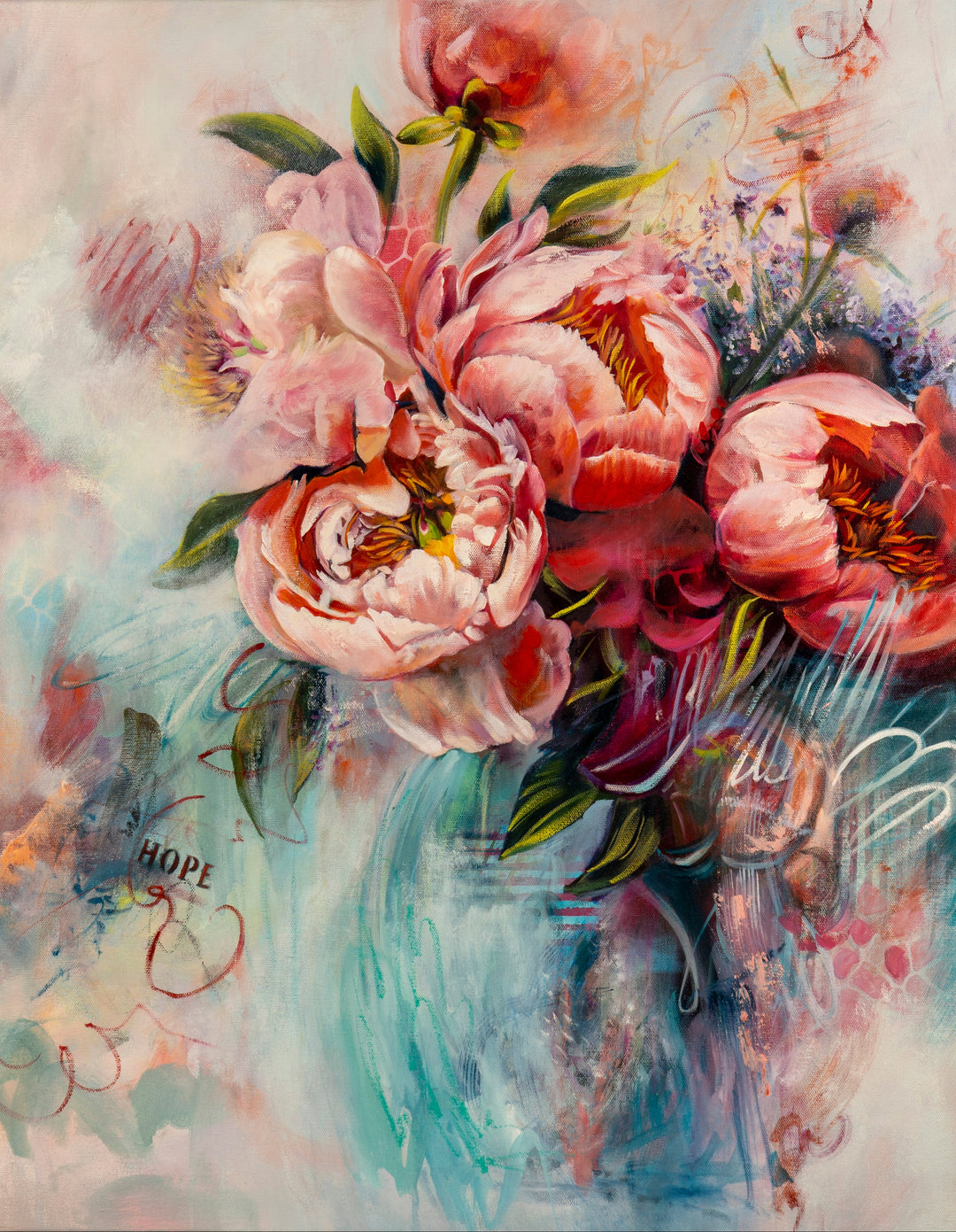 Original abstract floral painting of peonies in vibrant coral, magenta, and blush pink against a sweeping teal background, featuring expressive brushstrokes and the word HOPE stamped in the bottom corner.